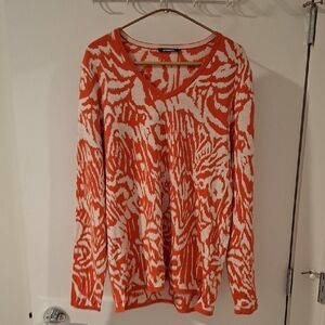 Olsen Vibrant Orange/Coral & White Abstract Print V-Neck Sweater (Size L/US 14)